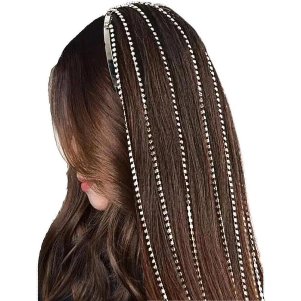 Four Layered Fringe Rhinestone Long Headband In Gold - Picture 4 of 5